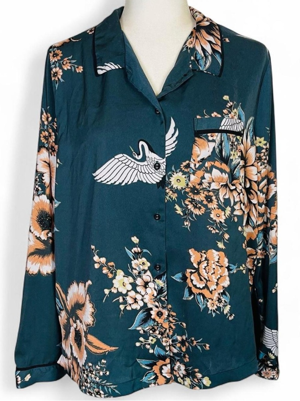 Cynthia Rowley Sleepwear Size Large L Pajama Top Shirt Floral Bird Print Green